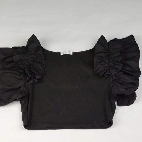 Zara Black Stretch Ruffled Sleeves Top. - Picture 8 of 14